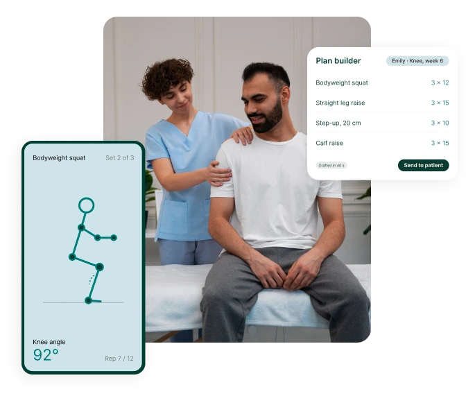 A physiotherapist working with a patient, shown next to the move90 plan builder and a phone guiding a bodyweight squat