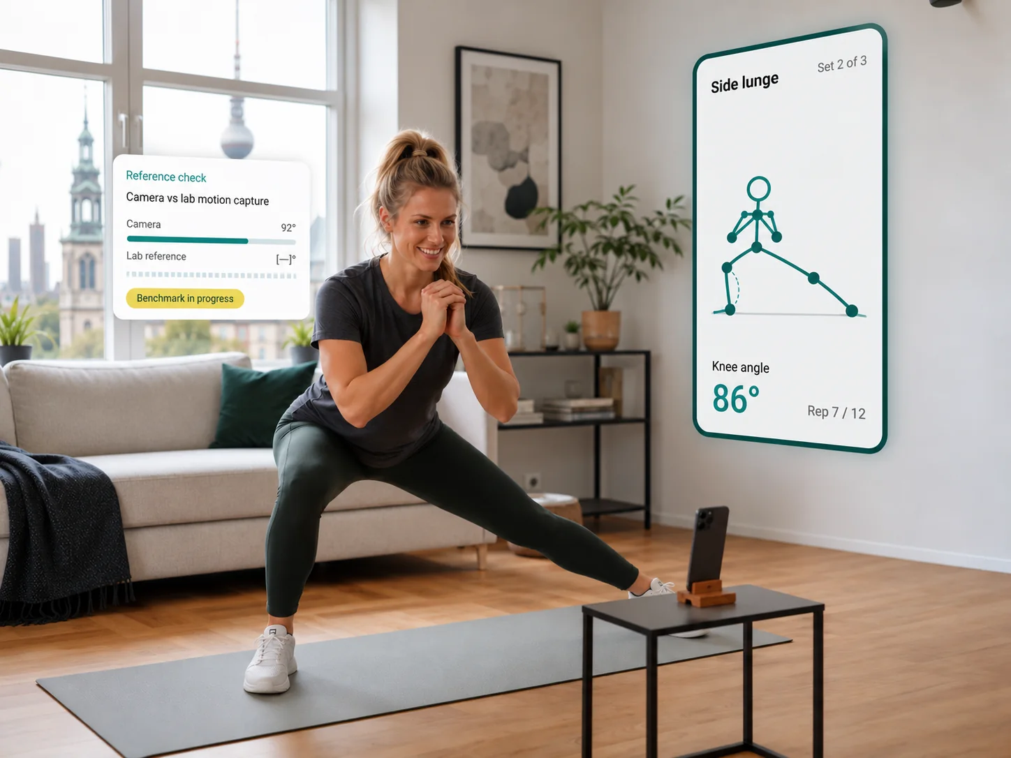 A woman doing a side lunge at home in front of her phone, with the move90 camera skeleton tracking her knee angle and a reference check against lab motion capture