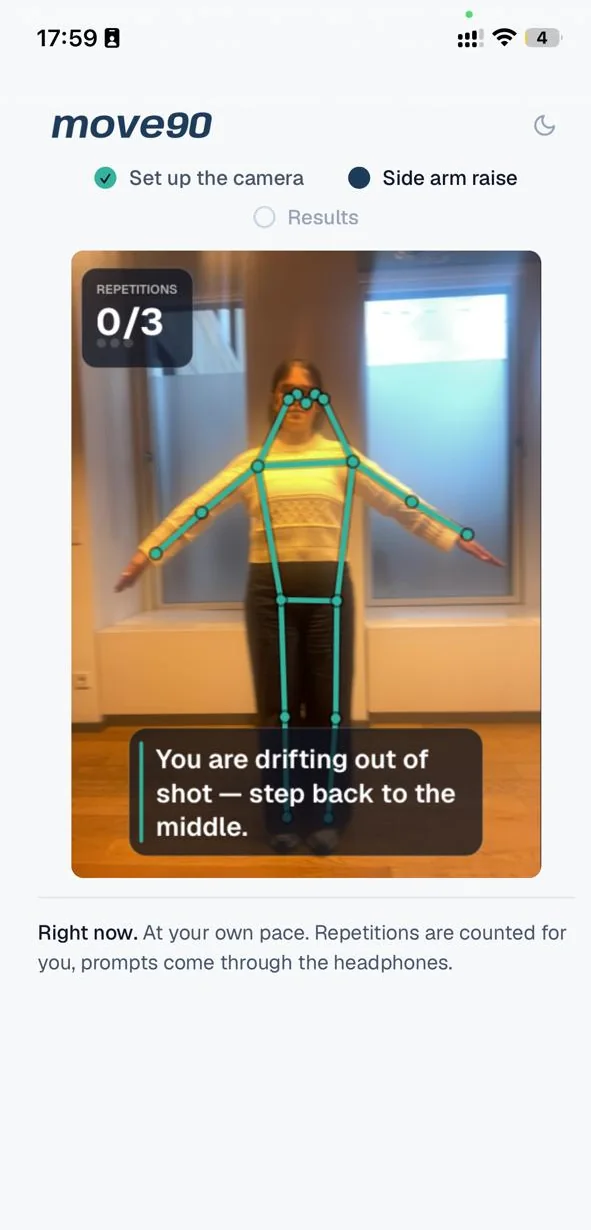 The move90 patient app on an iPhone, guiding a side arm raise at home with repetitions counted by the camera