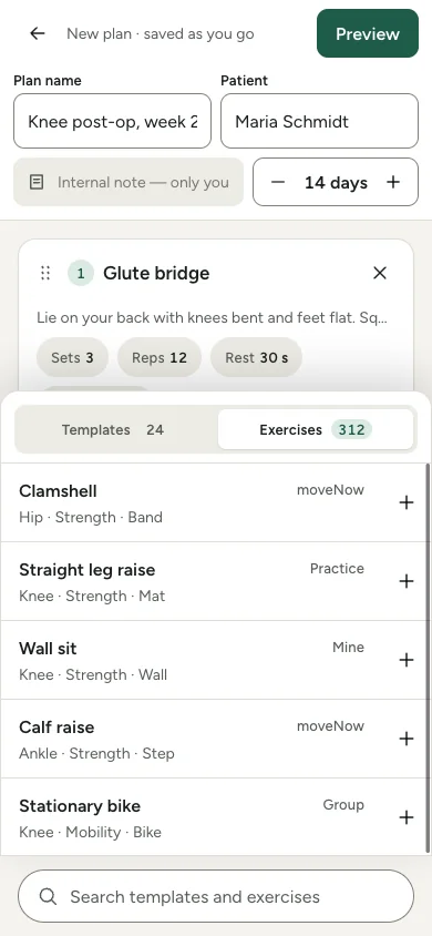 The move90 plan builder on an iPhone: a new knee plan for a patient, with the exercise library open